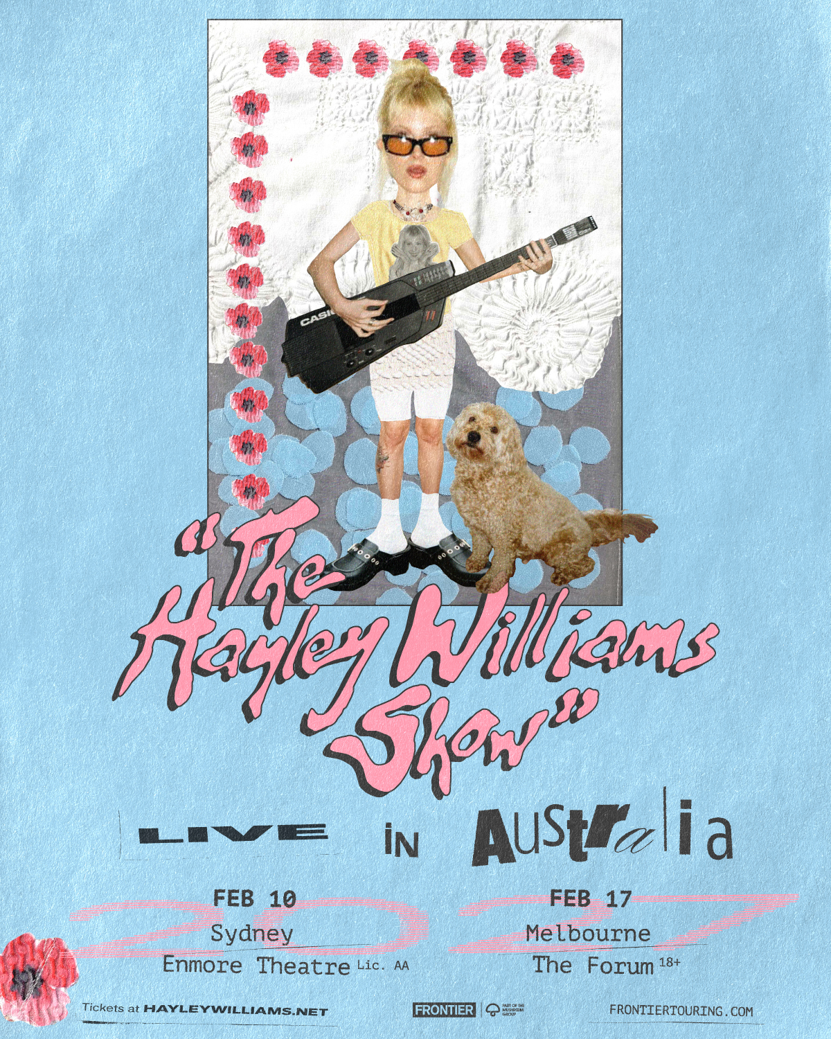 Tour poster for The Hayley Williams Show Live in Australia featuring a collage design, tour dates for Sydney and Melbourne, and a dog.
